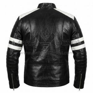 Back View of Fight Club Tyler Durden Black White Leather Jacket featuring white quilted shoulders and dual white arm stripes.