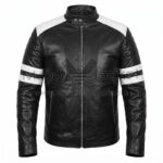 Front View of Fight Club Tyler Durden Black White Leather Jacket featuring white quilted shoulders and dual white stripes on the sleeves.