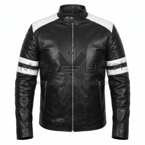 Front View of Fight Club Tyler Durden Black White Leather Jacket featuring white quilted shoulders and dual white stripes on the sleeves.