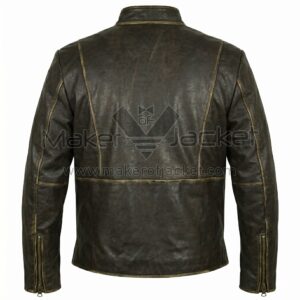 Back View of Garrett Hedlund Tron Legacy Sam Flynn Leather Jacket featuring vertical seam details, zippered cuffs, and a weathered, vintage finish.