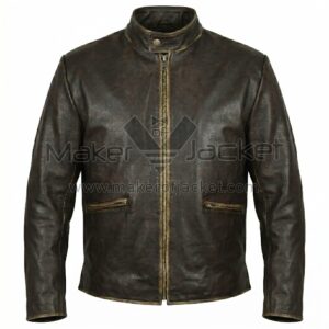 Front View of Garrett Hedlund Tron Legacy Sam Flynn Leather Jacket featuring a stand-up snap collar, central zipper, and two horizontal zippered waist pockets.