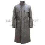 Front view of Gray Long Button Up Leather Trench Coat featuring button-up front, a tall band collar, four front flap pockets, and button-tab details on the cuffs with Maker Of Jacket label