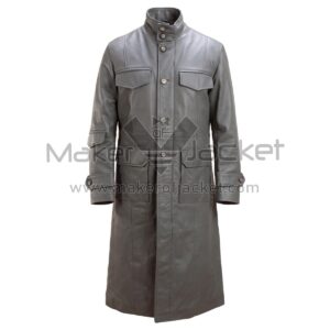 Front view of Gray Long Button Up Leather Trench Coat featuring button-up front, a tall band collar, four front flap pockets, and button-tab details on the cuffs with Maker Of Jacket label