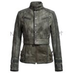 Front View of Melina Total Recall Leather Jacket with a high buckled collar, multiple decorative straps, and a unique layered waist on a white background.