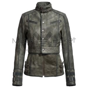 Front View of Melina Total Recall Leather Jacket with a high buckled collar, multiple decorative straps, and a unique layered waist on a white background.