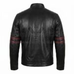 Back View of Star Wars Celebration Black Leather Jacket featuring horizontal red stripes on the sleeves, vertical stitching, and a sleek, fitted silhouette.