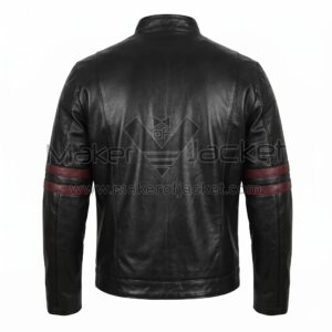 Back View of Star Wars Celebration Black Leather Jacket featuring horizontal red stripes on the sleeves, vertical stitching, and a sleek, fitted silhouette.