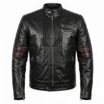 Front View of Star Wars Celebration Black Leather Jacket featuring a stand-up collar, horizontal red stripes on the sleeves, and four silver zipper pockets.