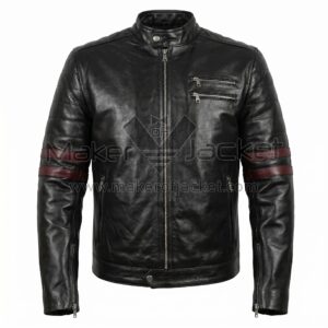 Front View of Star Wars Celebration Black Leather Jacket featuring a stand-up collar, horizontal red stripes on the sleeves, and four silver zipper pockets.