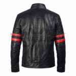 Back View of Star Wars Celebration Sam Witwer Jacket featuring dual red stripes on the sleeves and quilted shoulder detailing on a slim-fit cafe racer design.