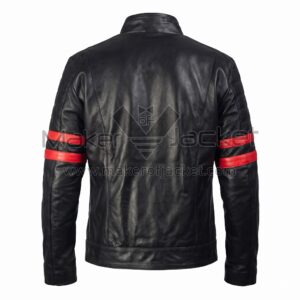 Back View of Star Wars Celebration Sam Witwer Jacket featuring dual red stripes on the sleeves and quilted shoulder detailing on a slim-fit cafe racer design.