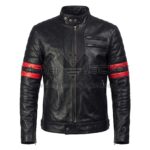 Front View of Star Wars Celebration Sam Witwer Jacket red arm stripes, padded shoulders, and zipper pockets.