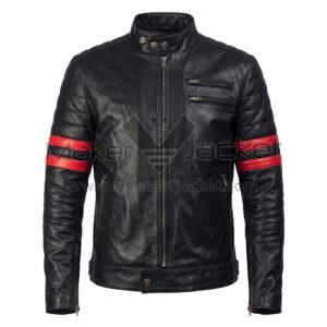 Front View of Star Wars Celebration Sam Witwer Jacket red arm stripes, padded shoulders, and zipper pockets.