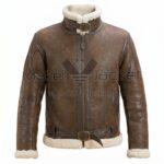 Front View of WWII RAF Aviator Shearling Brown Leather Jacket featuring a cream shearling collar, cuffs, and hem, with dark brown leather trim and two buckle-belt details.