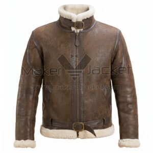 Front View of WWII RAF Aviator Shearling Brown Leather Jacket featuring a cream shearling collar, cuffs, and hem, with dark brown leather trim and two buckle-belt details.