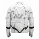 Back View of White Flash Strike Cafe Racer Leather Jacket featuring black piping and a bold black lightning bolt graphic that wraps around the lower back and sleeves.