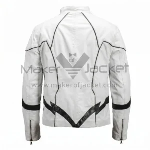 Back View of White Flash Strike Cafe Racer Leather Jacket featuring black piping and a bold black lightning bolt graphic that wraps around the lower back and sleeves.