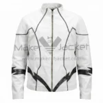 Front View of White Flash Strike Cafe Racer Leather Jacket featuring a stand-up collar, black piping accents, and unique black lightning bolt patterns wrapping around the waist and sleeves.