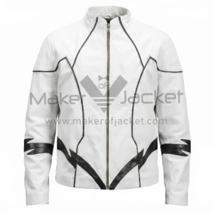 Front View of White Flash Strike Cafe Racer Leather Jacket featuring a stand-up collar, black piping accents, and unique black lightning bolt patterns wrapping around the waist and sleeves.