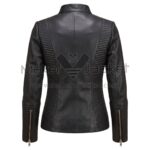 back view of Black Classic Cafe Racer Padded Leather Jacket featuring band collar, sleeve zippers, and padded design on the sides and sleeves.