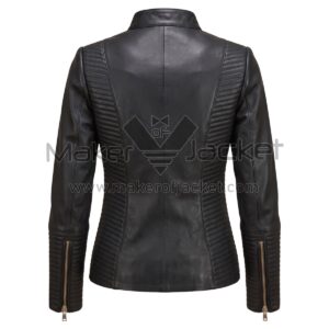 back view of Black Classic Cafe Racer Padded Leather Jacket featuring band collar, sleeve zippers, and padded design on the sides and sleeves.