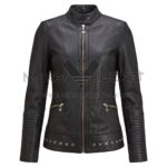 front view of Black Classic Cafe Racer Padded Leather Jacket featuring band collar, full zipper, zippered pockets, padded design, and grommet details at the hem with Maker Of Jacket brand label.