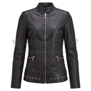 front view of Black Classic Cafe Racer Padded Leather Jacket featuring band collar, full zipper, zippered pockets, padded design, and grommet details at the hem with Maker Of Jacket brand label.
