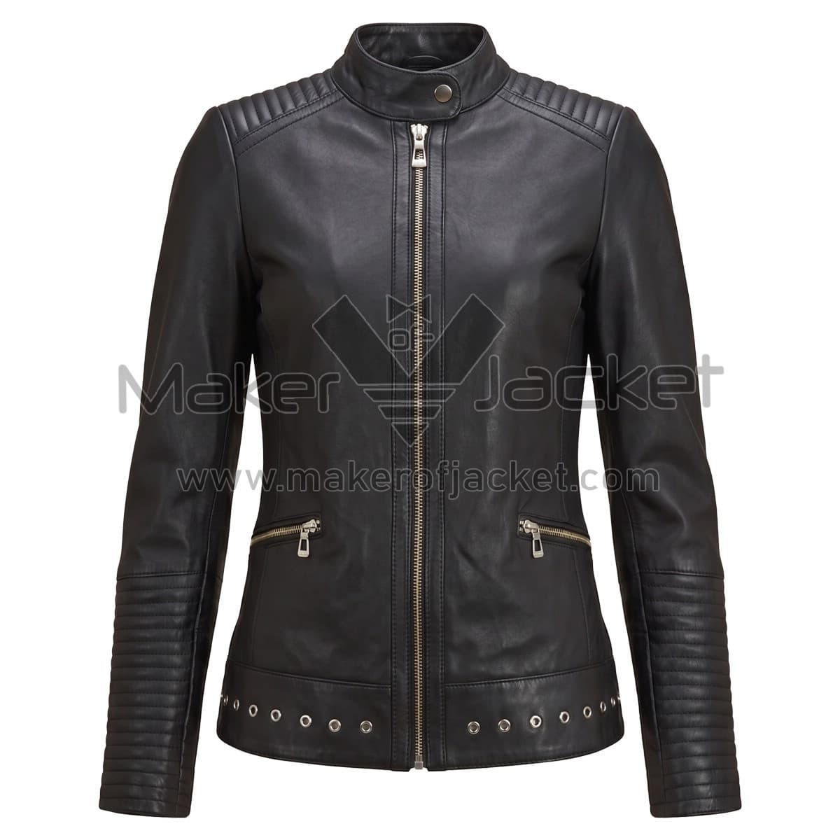 Black Classic Cafe Racer Padded Leather Jacket Front front view of Black Classic Cafe Racer Padded Leather Jacket featuring band collar, full zipper, zippered pockets, padded design, and grommet details at the hem with Maker Of Jacket brand label.