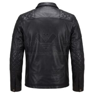 Back view of Black Double Rider Quilted Biker Leather Jacket featuring diamond-quilted panels on the shoulders and elbows, a horizontal back yoke, and snap-button cuffs.