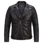 Front view of Black Double Rider Quilted Biker Leather Jacket featuring an asymmetrical zipper, notched lapels with silver snaps, and diamond-quilted shoulder panels with Maker Of Jacket label.