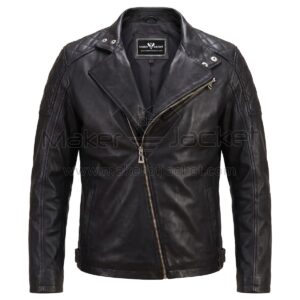 Front view of Black Double Rider Quilted Biker Leather Jacket featuring an asymmetrical zipper, notched lapels with silver snaps, and diamond-quilted shoulder panels with Maker Of Jacket label.