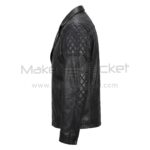 Left Side view of Black Double Rider Quilted Biker Leather Jacket showcasing decorative diamond-quilted patches on the shoulder and elbow, with a snap-button sleeve cuff.