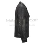 Right Side view of Black Double Rider Quilted Biker Leather Jacket featuring prominent diamond-quilted panels on the shoulder and elbow, and a snap-button cuff detail.