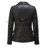 back view of Black Padded Leather Blazer featuring with vertical seams and padded design on the sides and lower sleeves.