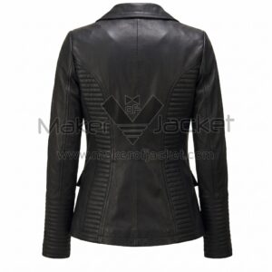 back view of Black Padded Leather Blazer featuring with vertical seams and padded design on the sides and lower sleeves.