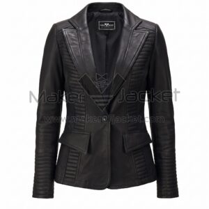 front view of Black Padded Leather Blazer featuring wide peak lapels, one button, flap pockets, and horizontal ribbed stitching on the sides and sleeves with Maker Of Jacket brand label.