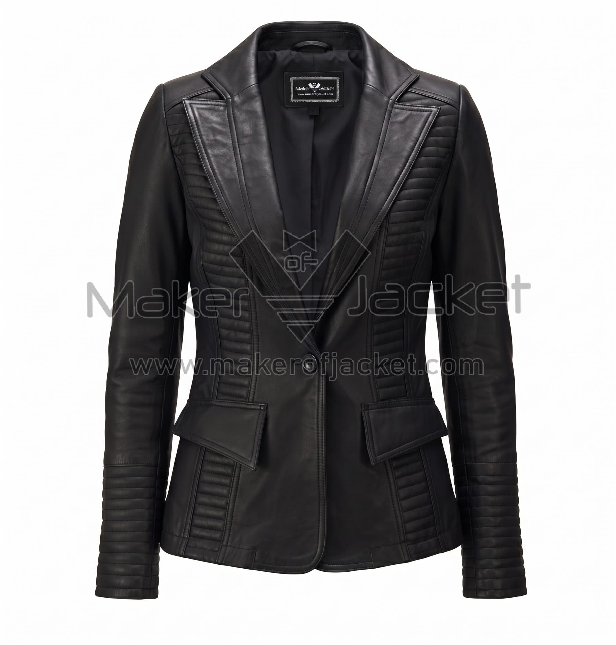 Black Padded Leather Blazer Front front view of Black Padded Leather Blazer featuring wide peak lapels, one button, flap pockets, and horizontal ribbed stitching on the sides and sleeves with Maker Of Jacket brand label.
