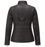 back view of Black Quilted Biker Leather Jacket featuring a high collar, full diamond quilting, a central seam, and sleeve zippers.