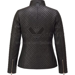 back view of Black Quilted Biker Leather Jacket featuring a high collar, full diamond quilting, a central seam, and sleeve zippers.