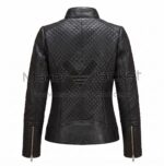 back view of Silver Black Quilted Biker Leather Jacket featuring an extensive diamond-quilted pattern on the body and sleeves with metallic zippers at the cuffs.