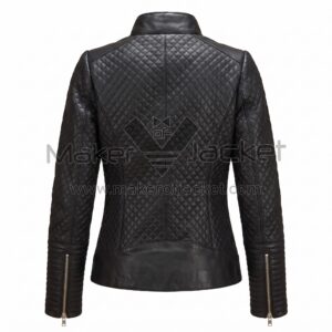 back view of Silver Black Quilted Biker Leather Jacket featuring an extensive diamond-quilted pattern on the body and sleeves with metallic zippers at the cuffs.