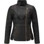 front view of Black Quilted Biker Leather Jacket featuring high collar, asymmetrical zipper, and diamond quilting on the front and sleeves with Maker Of Jacket brand label.