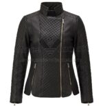 front view of Black Quilted Biker Leather Jacket featuring high collar, asymmetrical zipper, and diamond quilting on the front and sleeves with Maker Of Jacket brand label.