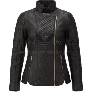 front view of Black Quilted Biker Leather Jacket featuring high collar, asymmetrical zipper, and diamond quilting on the front and sleeves with Maker Of Jacket brand label.