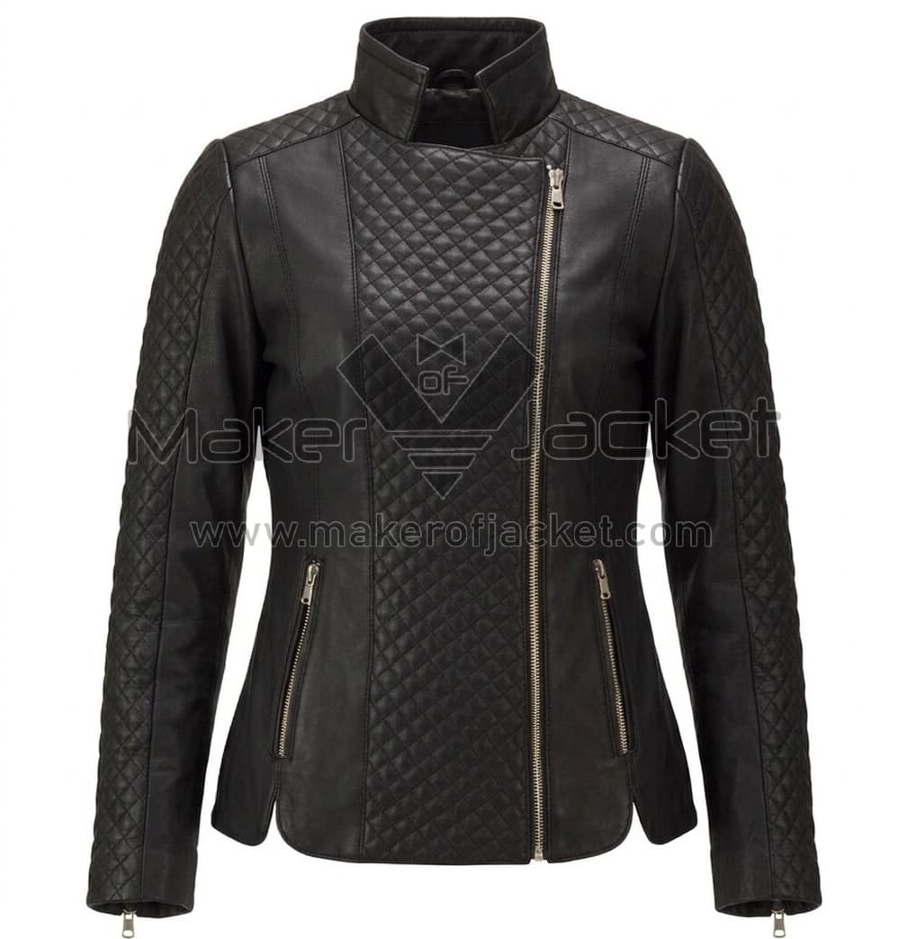 Black Quilted Biker Leather Jacket Front front view of Black Quilted Biker Leather Jacket featuring high collar, asymmetrical zipper, and diamond quilting on the front and sleeves with Maker Of Jacket brand label.