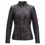 front view of Black Quilted Biker Leather Jacket featuring a band collar, front zipper, horizontal quilted panels, and diamond-quilted sleeves with Maker Of Jacket brand label.