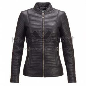 front view of Black Quilted Biker Leather Jacket featuring a band collar, front zipper, horizontal quilted panels, and diamond-quilted sleeves with Maker Of Jacket brand label.