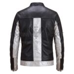 back view of Black Silver Panel Cafe Racer Leather Jacket featuring a wide vertical center stripe, silver inner sleeves, and a silver bottom hem.