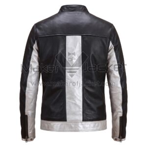 back view of Black Silver Panel Cafe Racer Leather Jacket featuring a wide vertical center stripe, silver inner sleeves, and a silver bottom hem.