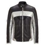 ont view of Black Silver Panel Cafe Racer Leather Jacket featuring a color block design, a band collar with a snap button, full-front zipper, and side zip pockets with Maker Of Jacket brand label.